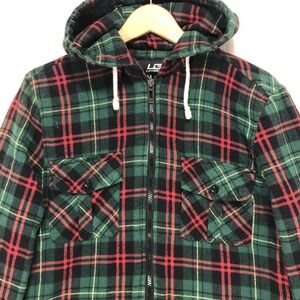 URGENT GEAR Plaid Flannel Lined Hooded Shirt Jacket Green Red Black Men's Medium